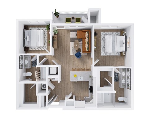 A white and wood floor plan of a small apartment with a kitchen, living room, and bathroom.